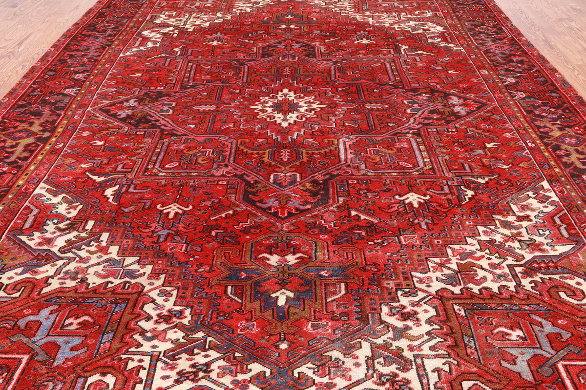 Red Vintage Persian Heriz Serapi Hand-Knotted Wool Rug - 9' 3" X 12' 7"