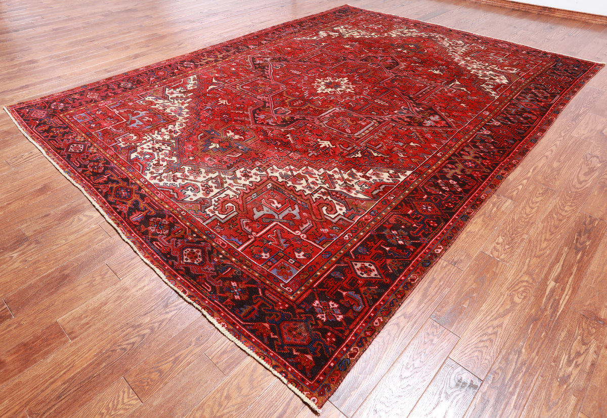 Red Vintage Persian Heriz Serapi Hand-Knotted Wool Rug - 9' 3" X 12' 7"