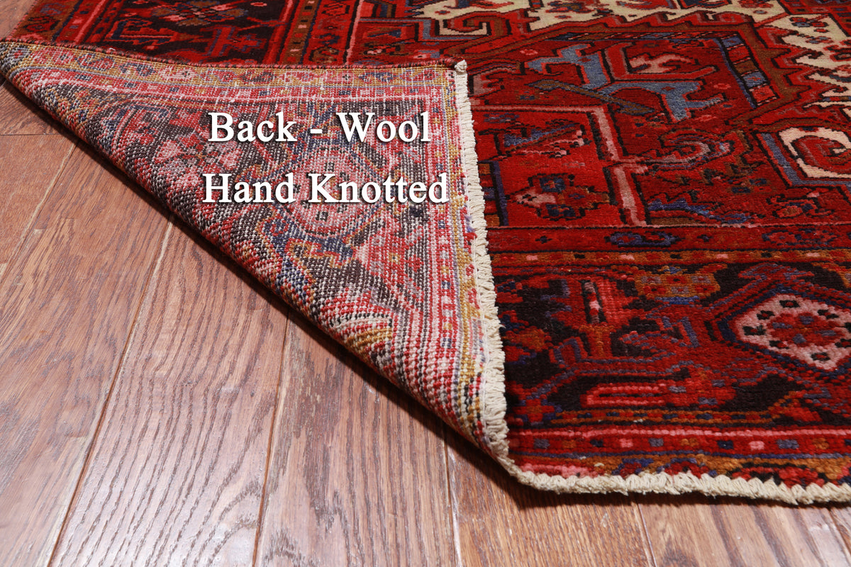Red Vintage Persian Heriz Serapi Hand-Knotted Wool Rug - 9' 3" X 12' 7"