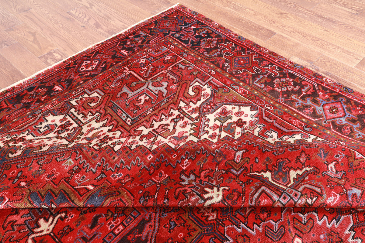 Red Vintage Persian Heriz Serapi Hand-Knotted Wool Rug - 9' 3" X 12' 7"
