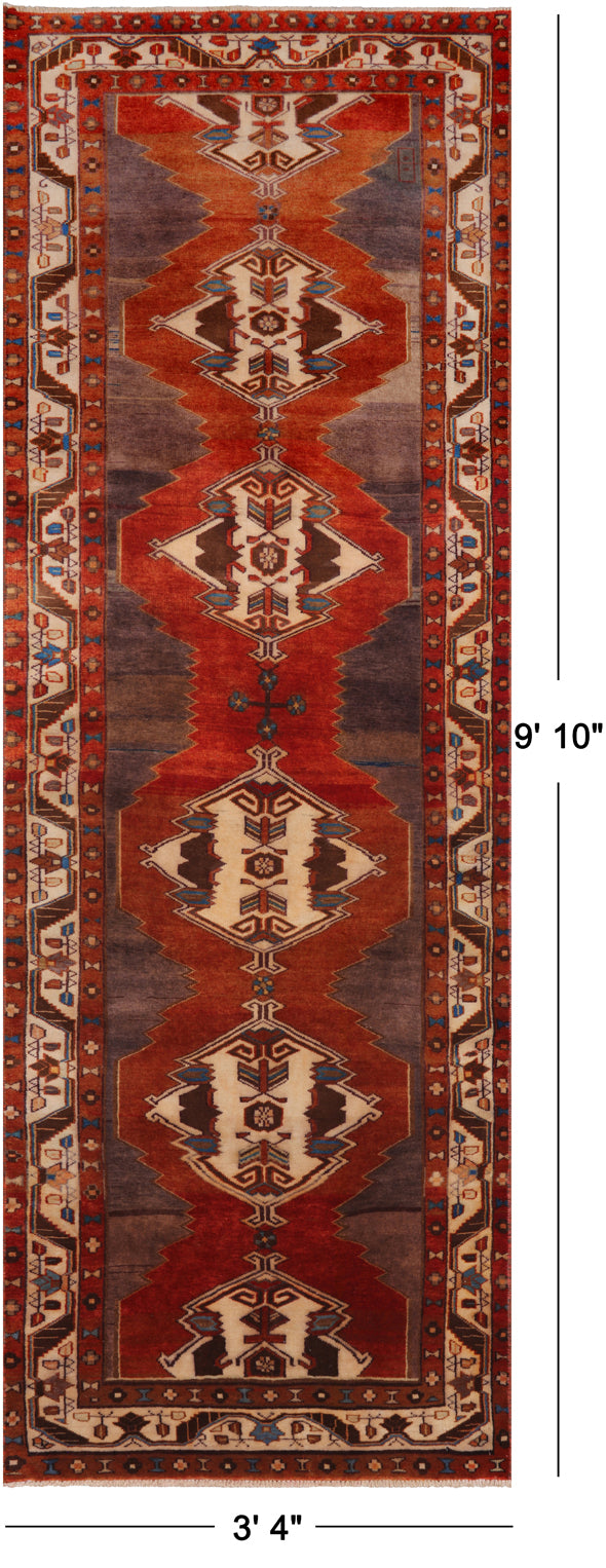 Red Vintage Persian Handmade Wool Runner Rug - 3' 4" X 9' 10"