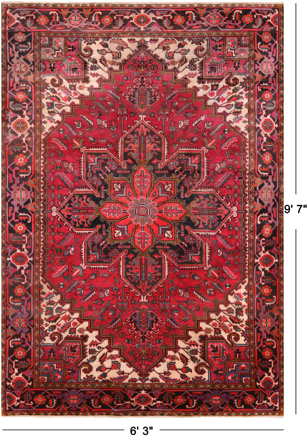 Rust Vintage Persian Heriz Serapi Handmade Wool Rug - 6' 3" X 9' 7"