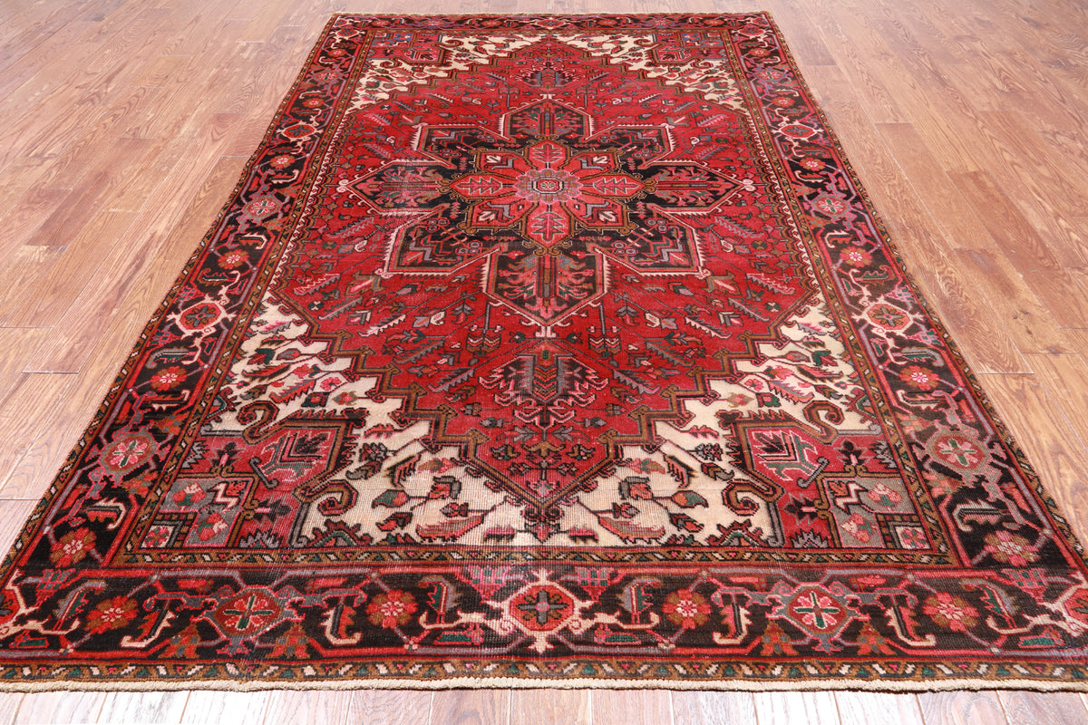 Rust Vintage Persian Heriz Serapi Handmade Wool Rug - 6' 3" X 9' 7"