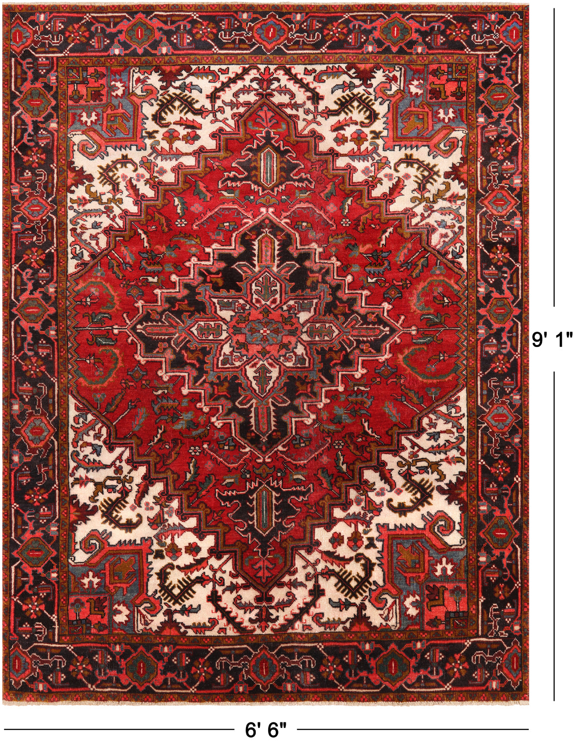 Red Vintage Persian Heriz Serapi Handmade Wool Rug - 6' 6" X 9' 1"