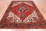 Red Vintage Persian Heriz Serapi Handmade Wool Rug - 6' 6" X 9' 1"
