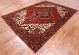 Red Vintage Persian Heriz Serapi Handmade Wool Rug - 6' 6" X 9' 1"