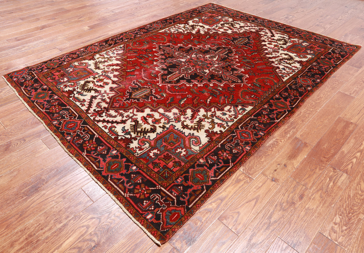 Red Vintage Persian Heriz Serapi Handmade Wool Rug - 6' 6" X 9' 1"