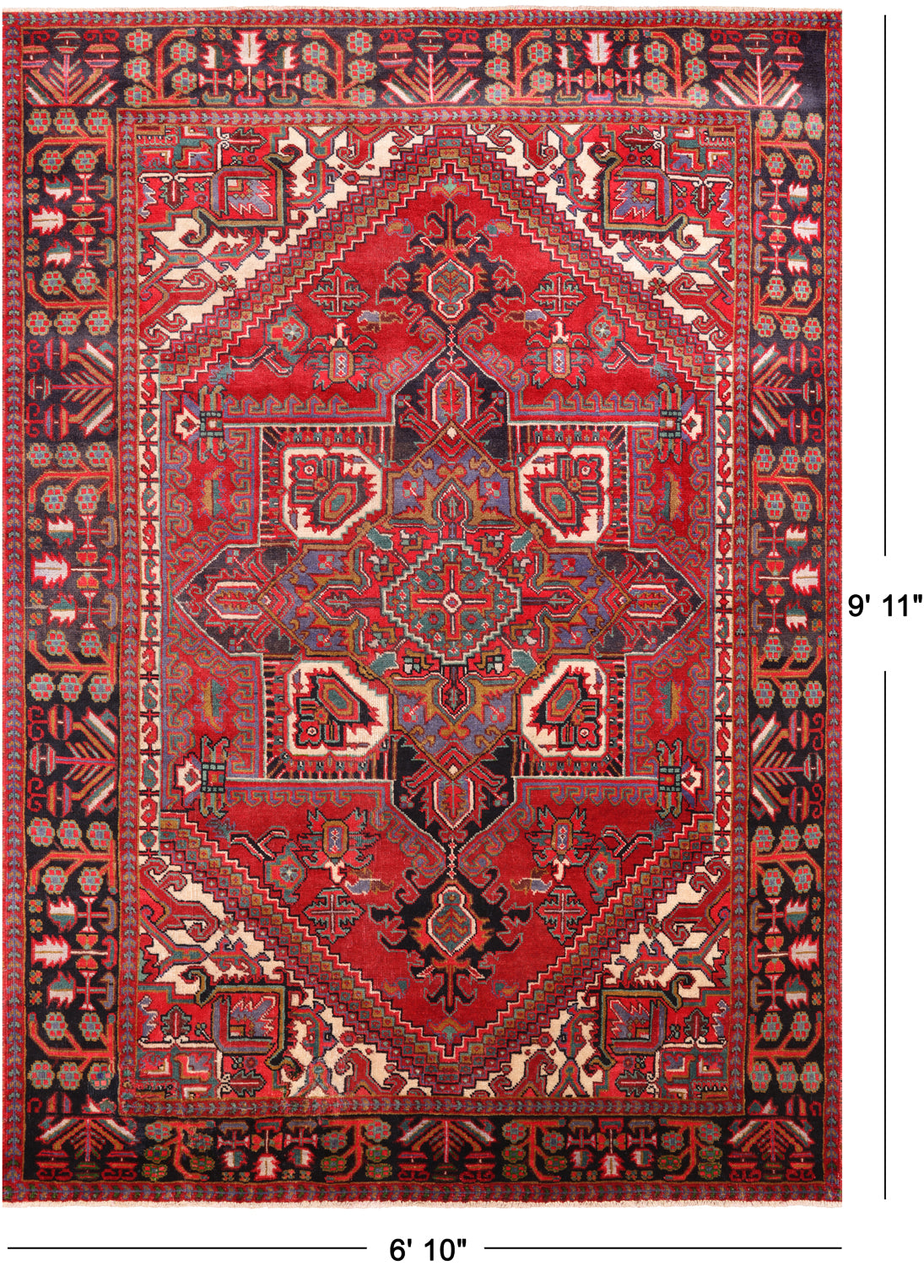 Red Vintage Persian Heriz Serapi Handmade Wool Rug - 6' 10" X 9' 11"