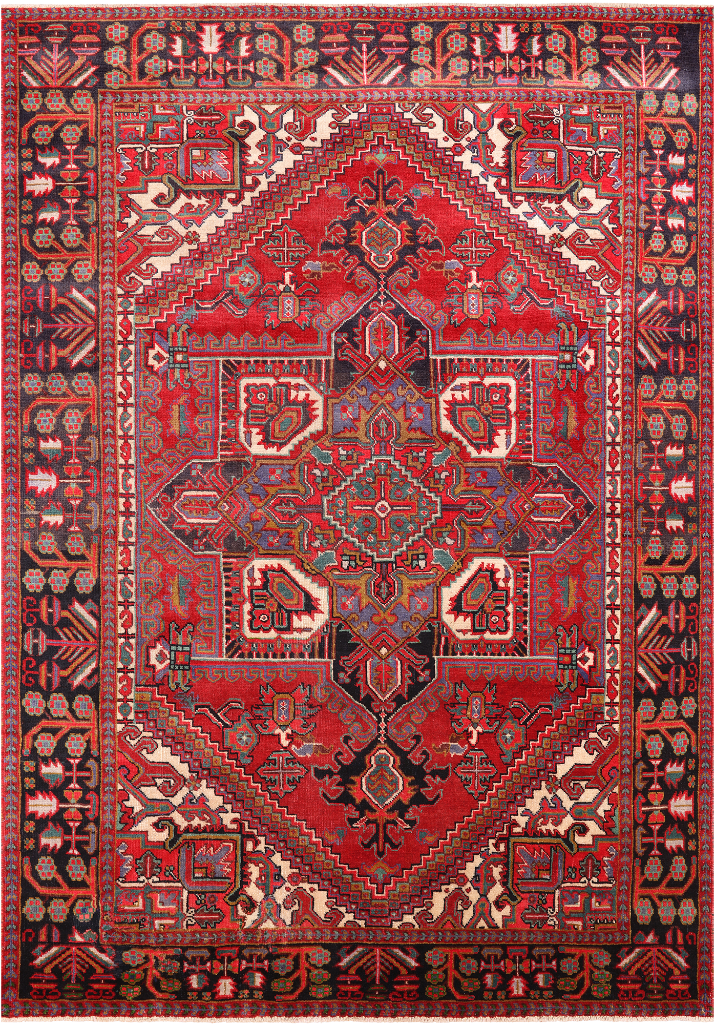 Red Vintage Persian Heriz Serapi Handmade Wool Rug - 6' 10" X 9' 11"