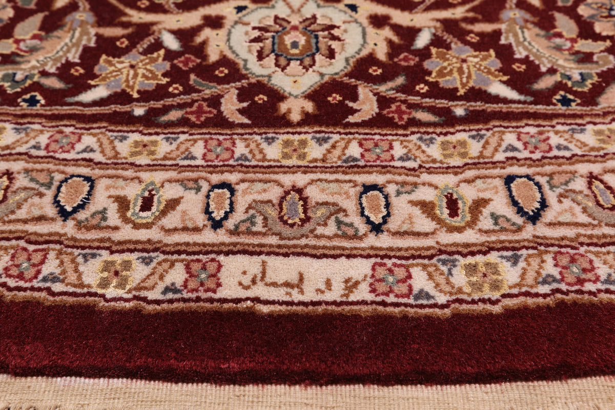 Red Round Signed Persian Tabriz Handmade Wool Rug - 8' 0" X 8' 0"