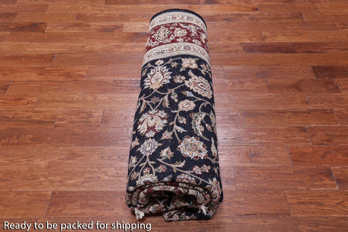 Navy Blue Persian Tabriz Hand Knotted Wool & Silk Rug - 7' 8" X 9' 9"