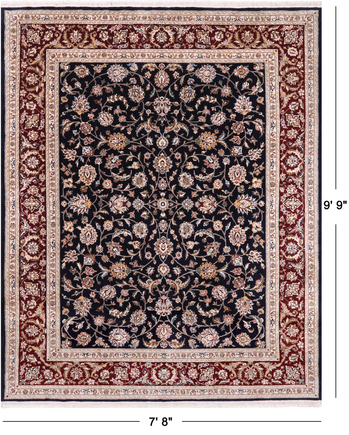 Navy Blue Persian Tabriz Hand Knotted Wool & Silk Rug - 7' 8" X 9' 9"