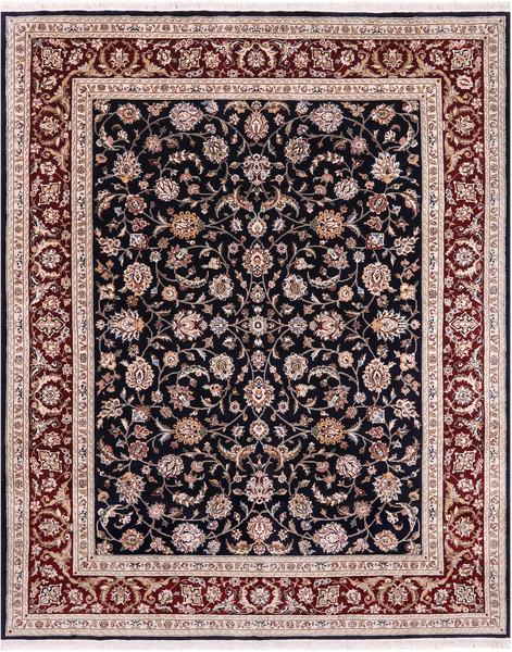 Navy Blue Persian Tabriz Hand Knotted Wool & Silk Rug - 7' 8" X 9' 9"
