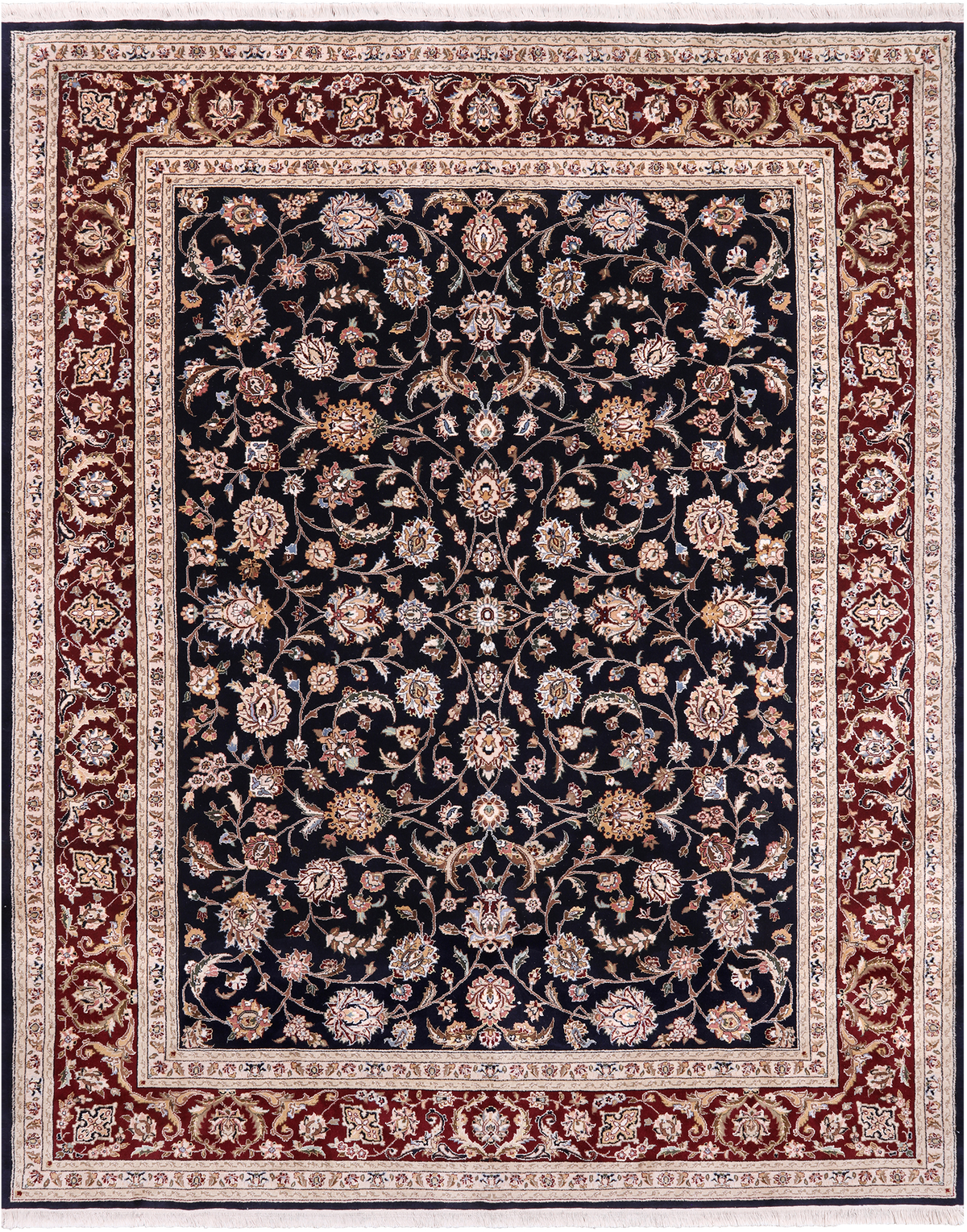 Navy Blue Persian Tabriz Hand Knotted Wool & Silk Rug - 7' 8" X 9' 9"