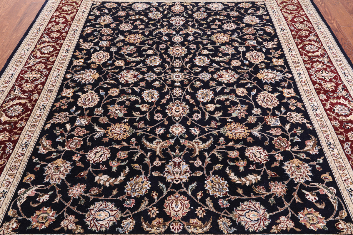 Navy Blue Persian Tabriz Hand Knotted Wool & Silk Rug - 7' 8" X 9' 9"