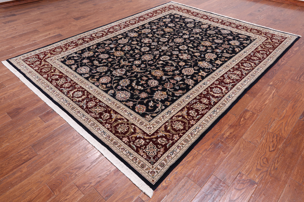 Navy Blue Persian Tabriz Hand Knotted Wool & Silk Rug - 7' 8" X 9' 9"