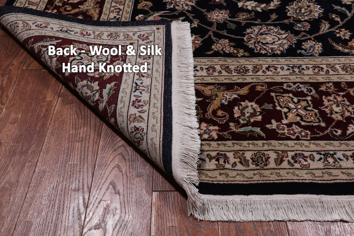 Navy Blue Persian Tabriz Hand Knotted Wool & Silk Rug - 7' 8" X 9' 9"