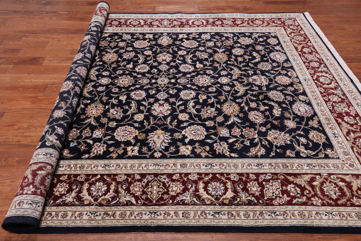 Navy Blue Persian Tabriz Hand Knotted Wool & Silk Rug - 7' 8" X 9' 9"