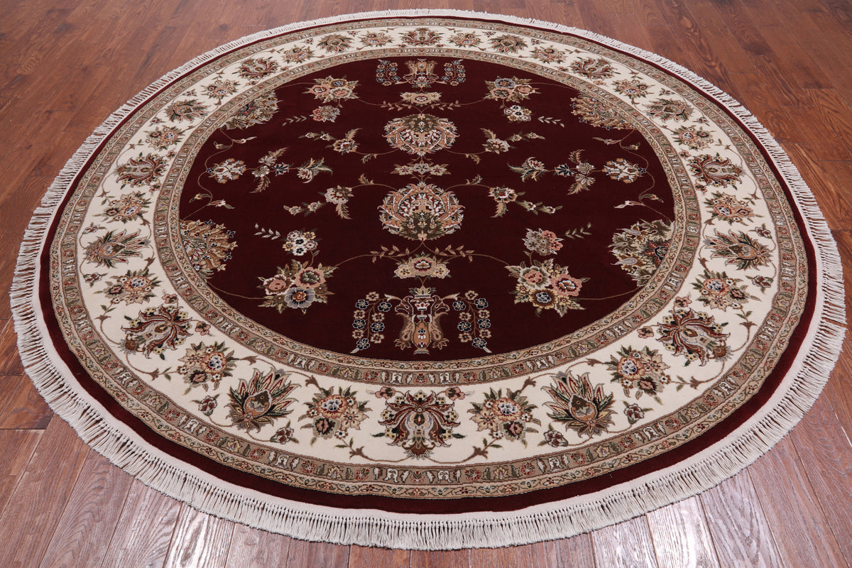 Red Round Persian Tabriz Hand Knotted Wool & Silk Rug - 8' 1" X 8' 1"