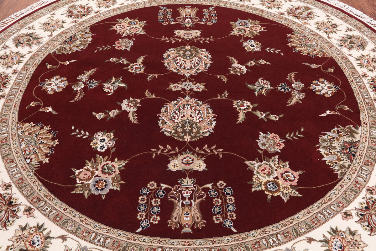 Red Round Persian Tabriz Hand Knotted Wool & Silk Rug - 8' 1" X 8' 1"