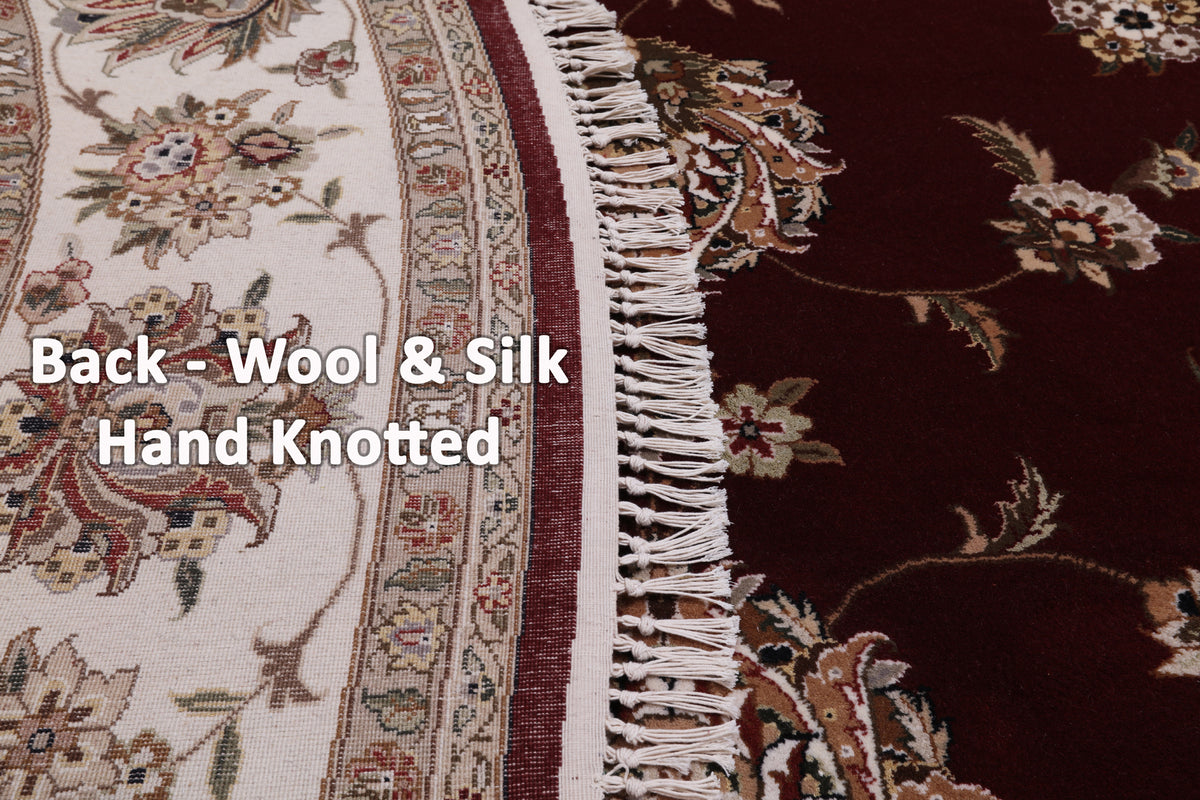 Red Round Persian Tabriz Hand Knotted Wool & Silk Rug - 8' 1" X 8' 1"