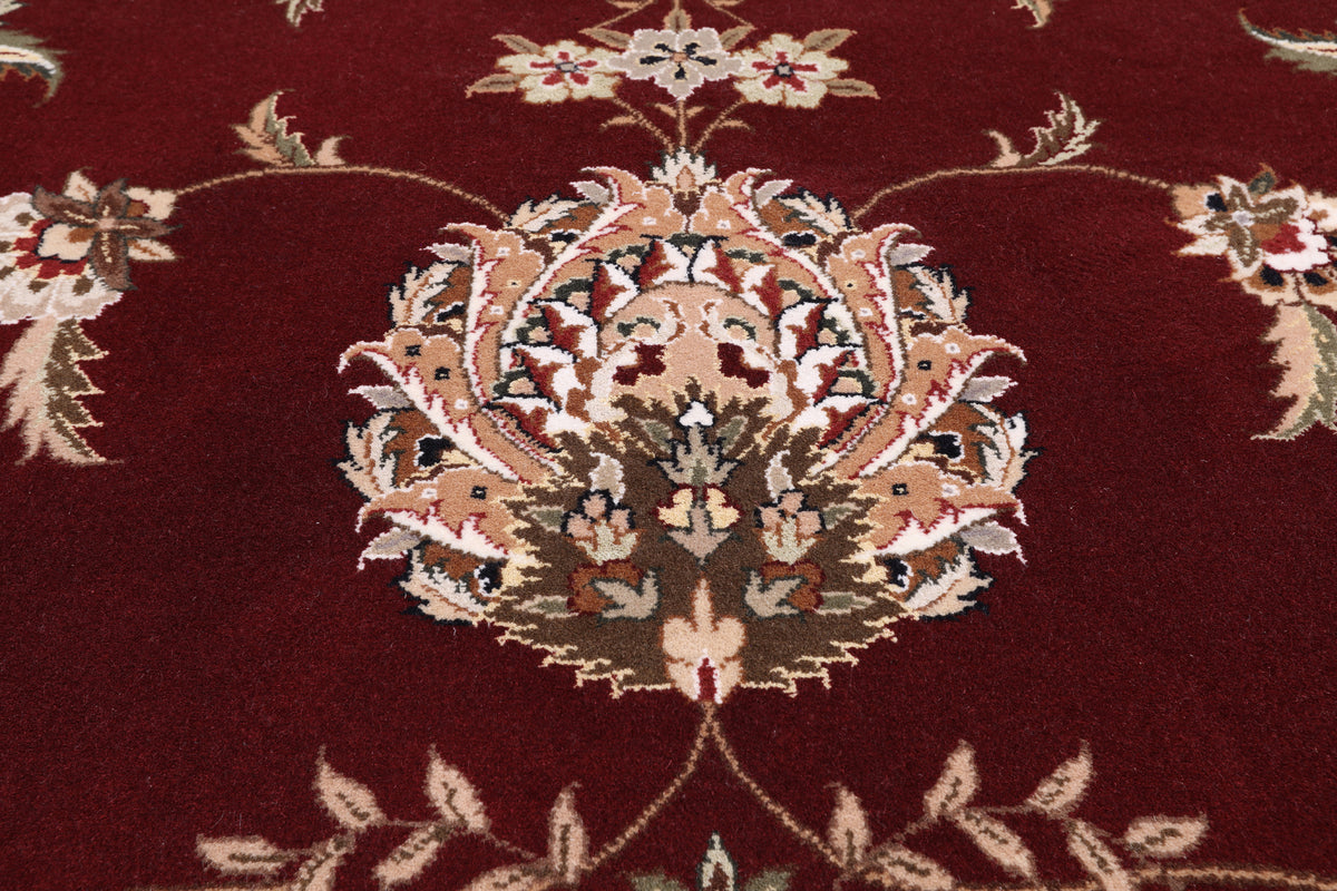 Red Round Persian Tabriz Hand Knotted Wool & Silk Rug - 8' 1" X 8' 1"
