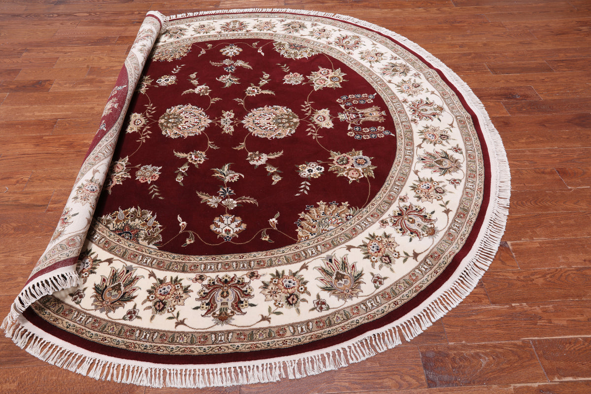 Red Round Persian Tabriz Hand Knotted Wool & Silk Rug - 8' 1" X 8' 1"