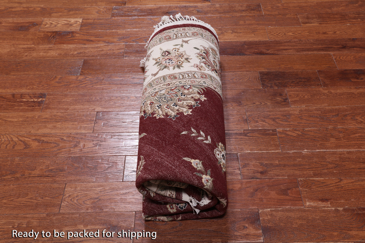 Red Round Persian Tabriz Hand Knotted Wool & Silk Rug - 8' 1" X 8' 1"