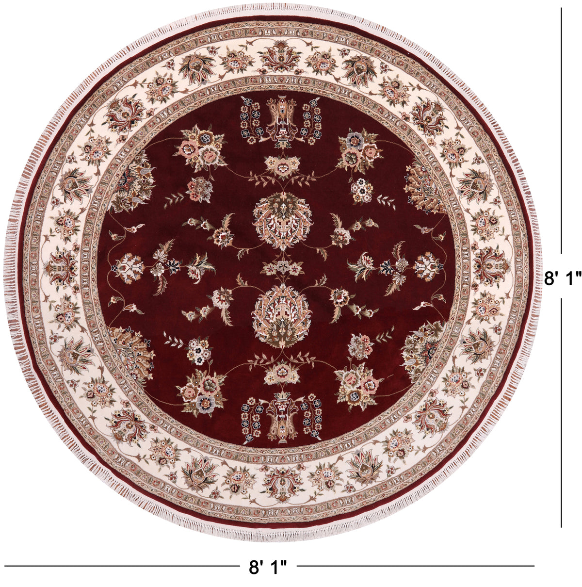Red Round Persian Tabriz Hand Knotted Wool & Silk Rug - 8' 1" X 8' 1"