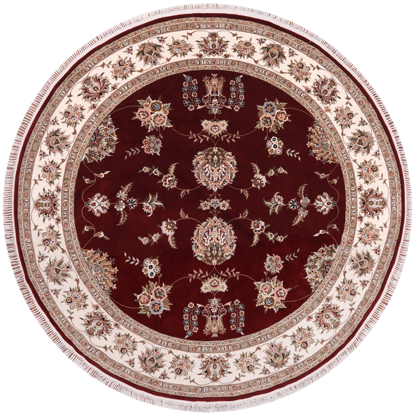 Red Round Persian Tabriz Hand Knotted Wool & Silk Rug - 8' 1" X 8' 1"