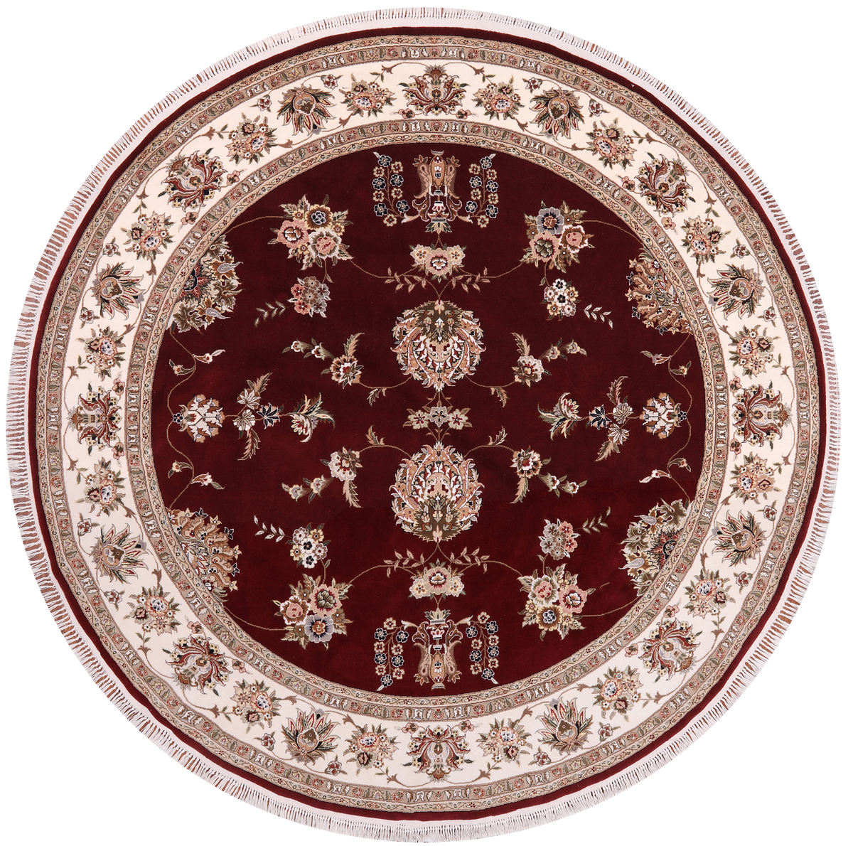 Red Round Persian Tabriz Hand Knotted Wool & Silk Rug - 8' 1" X 8' 1"