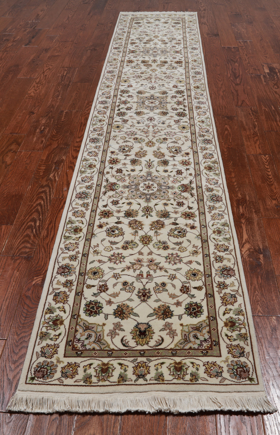 Ivory Persian Tabriz Hand Knotted Wool & Silk Runner Rug - 2' 4" X 12' 0"