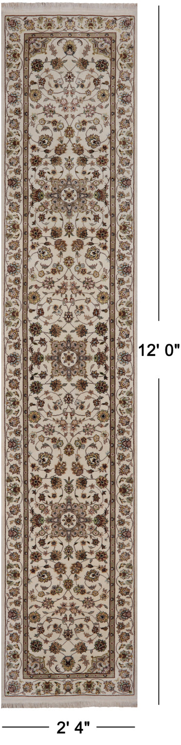 Ivory Persian Tabriz Hand Knotted Wool & Silk Runner Rug - 2' 4" X 12' 0"