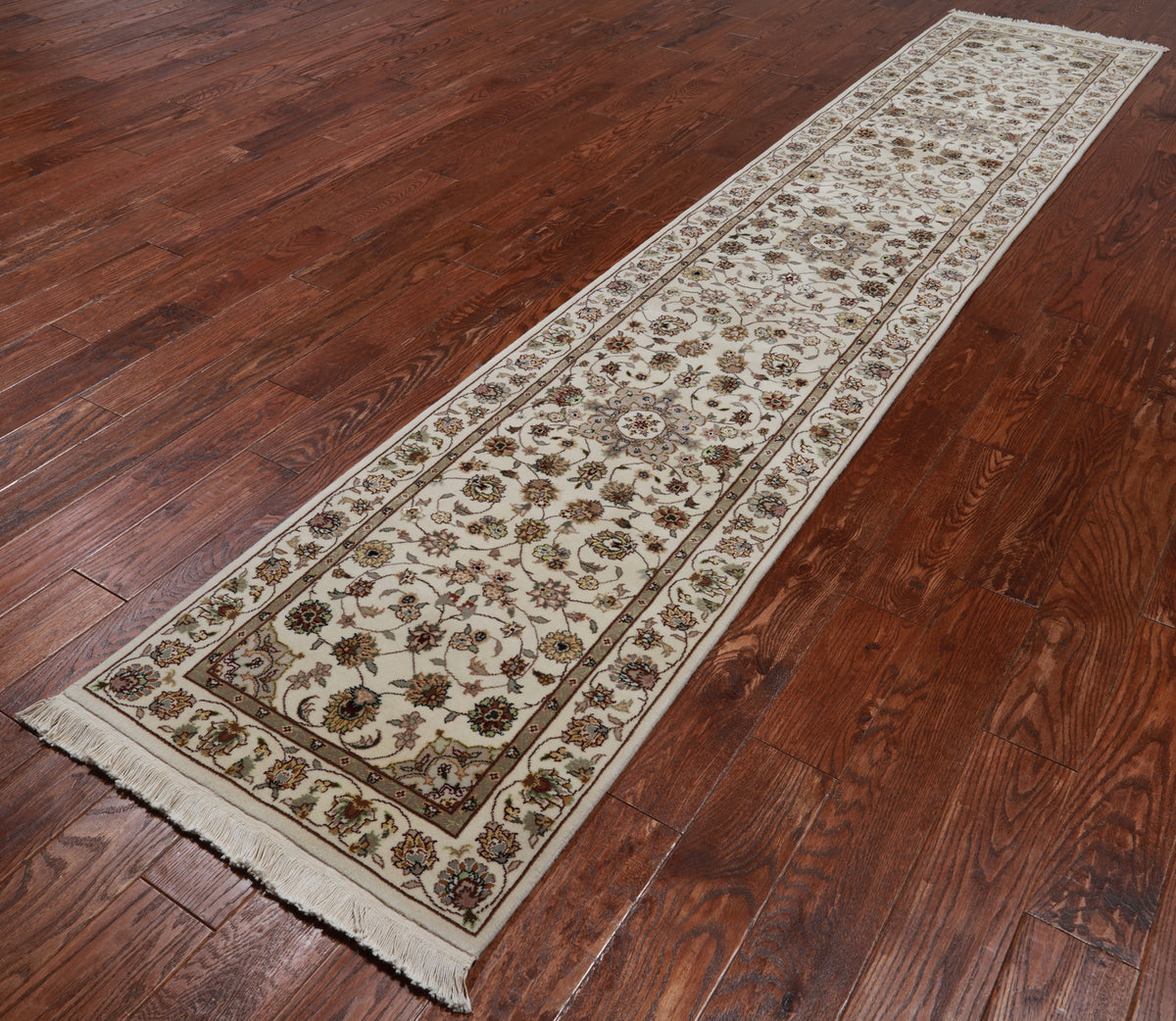 Ivory Persian Tabriz Hand Knotted Wool & Silk Runner Rug - 2' 4" X 12' 0"
