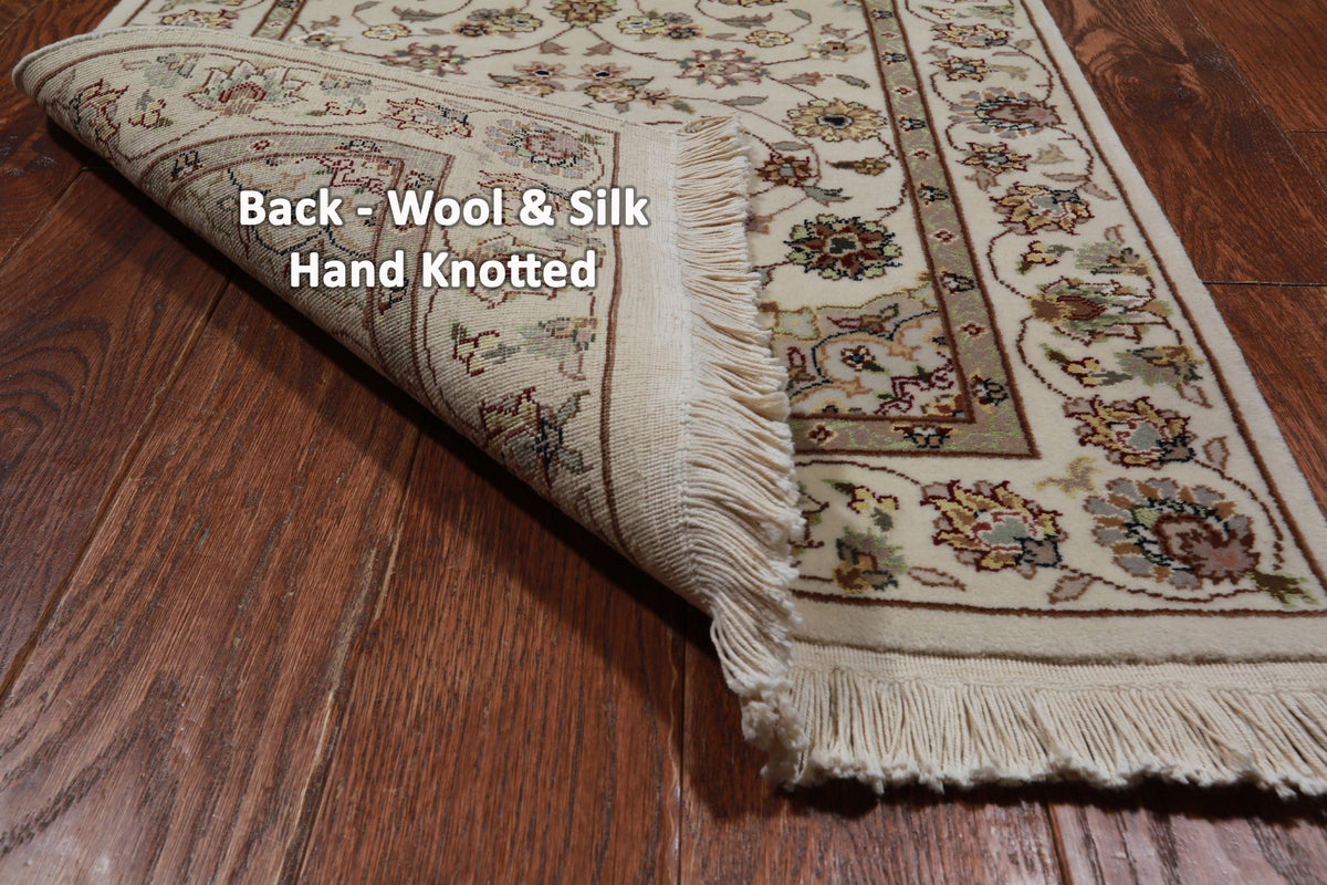 Ivory Persian Tabriz Hand Knotted Wool & Silk Runner Rug - 2' 4" X 12' 0"