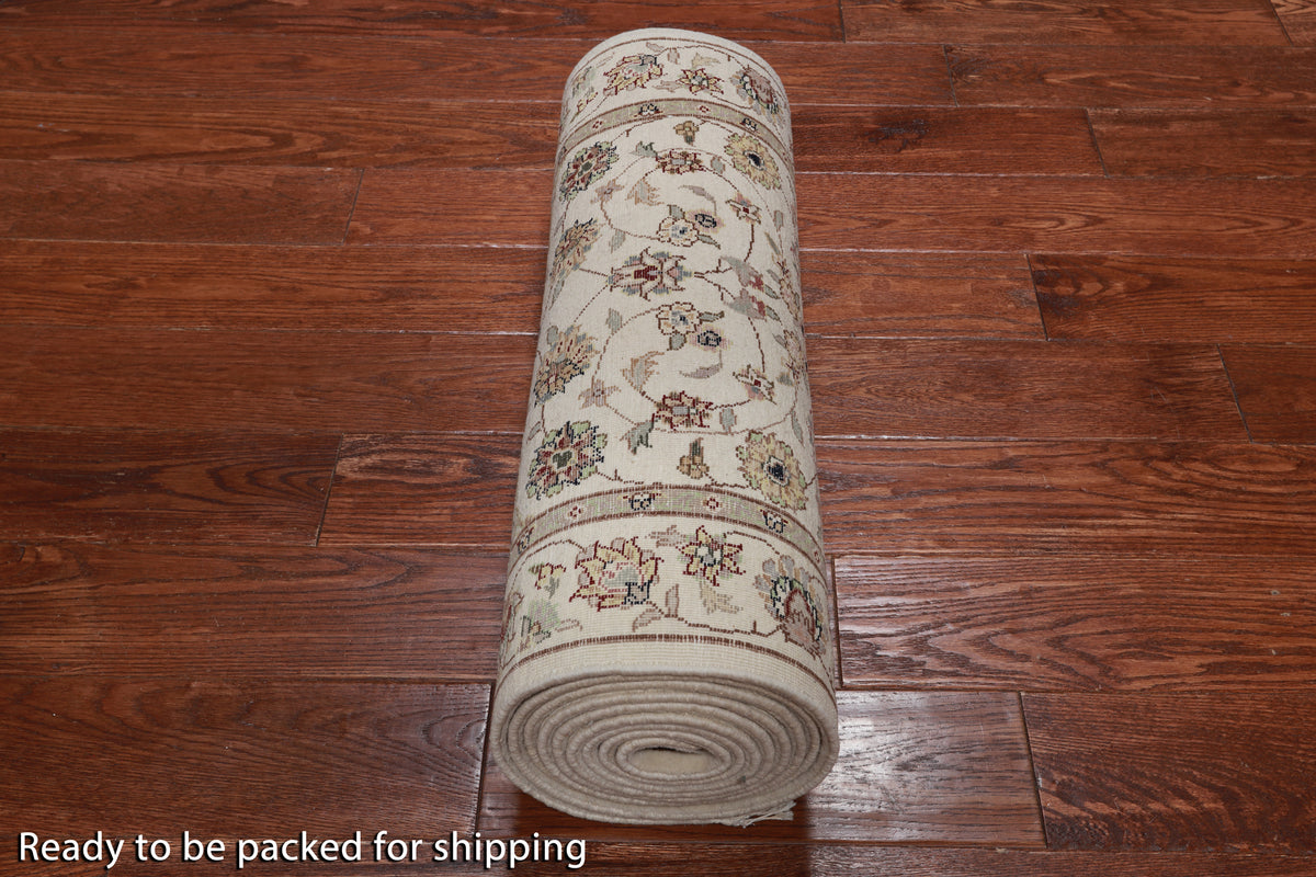 Ivory Persian Tabriz Hand Knotted Wool & Silk Runner Rug - 2' 4" X 12' 0"