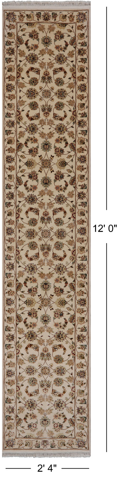 Ivory Persian Tabriz Hand-Knotted Wool & Silk Runner Rug - 2' 4" X 12' 0"