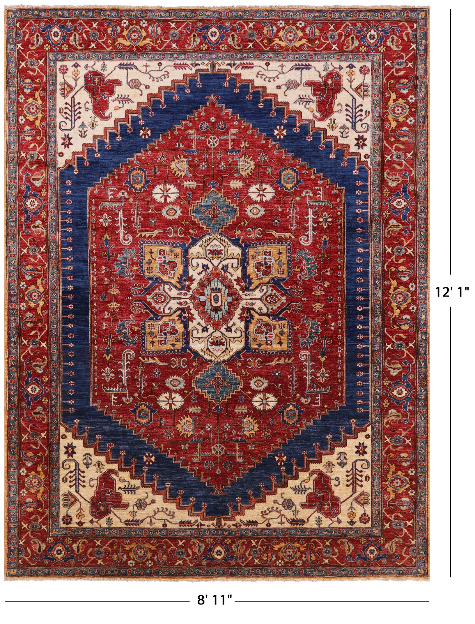 Red Persian Fine Serapi Hand Knotted Wool Area Rug - 8' 11" X 12' 1" - Golden Nile