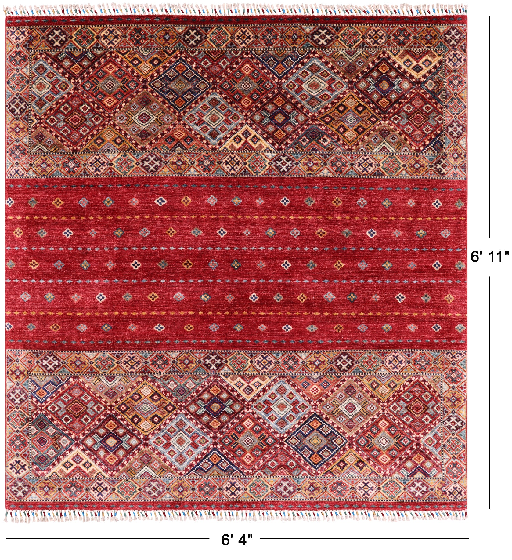 Red Khorjin Persian Gabbeh Hand Knotted Wool Rug - 6' 4" X 6' 11" - Golden Nile