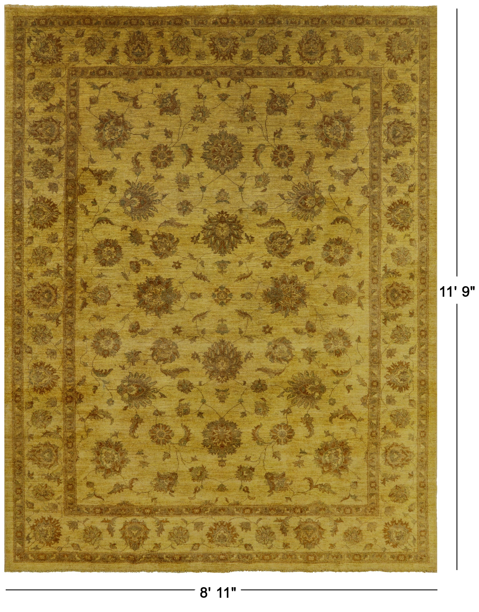 Gold Full Pile Overdyed Hand Knotted Wool Area Rug - 8' 11" X 11' 9" - Golden Nile