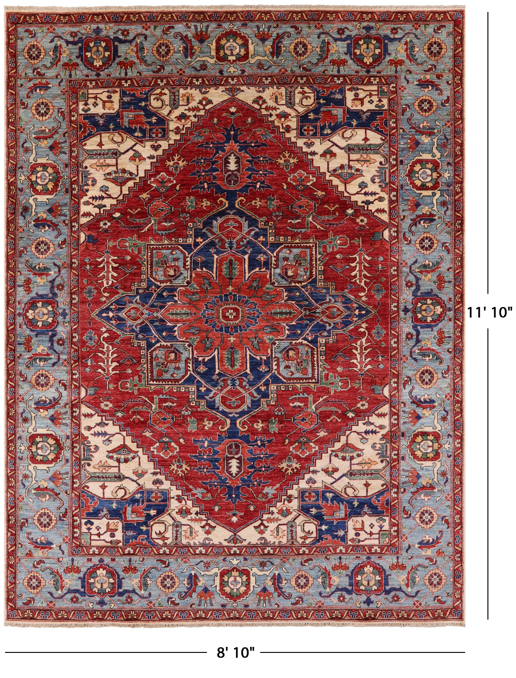 Red Persian Fine Serapi Hand Knotted Wool Area Rug - 8' 10" X 11' 10" - Golden Nile