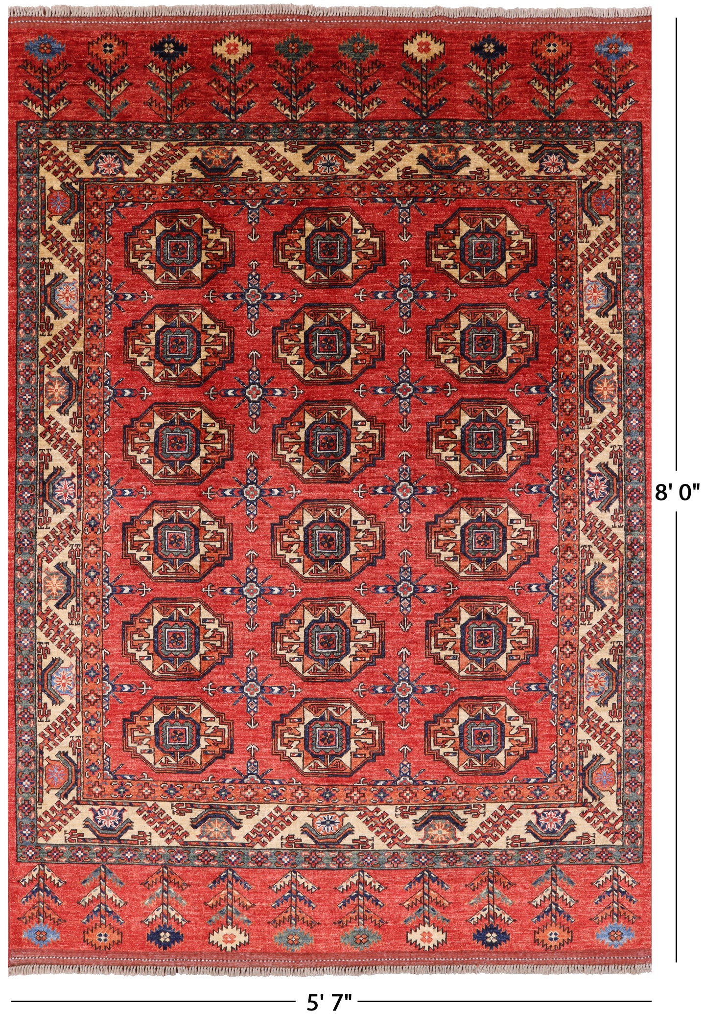 Red Turkmen Ersari Hand Knotted Wool Area Rug - 5' 7" X 8' 0" - Golden Nile