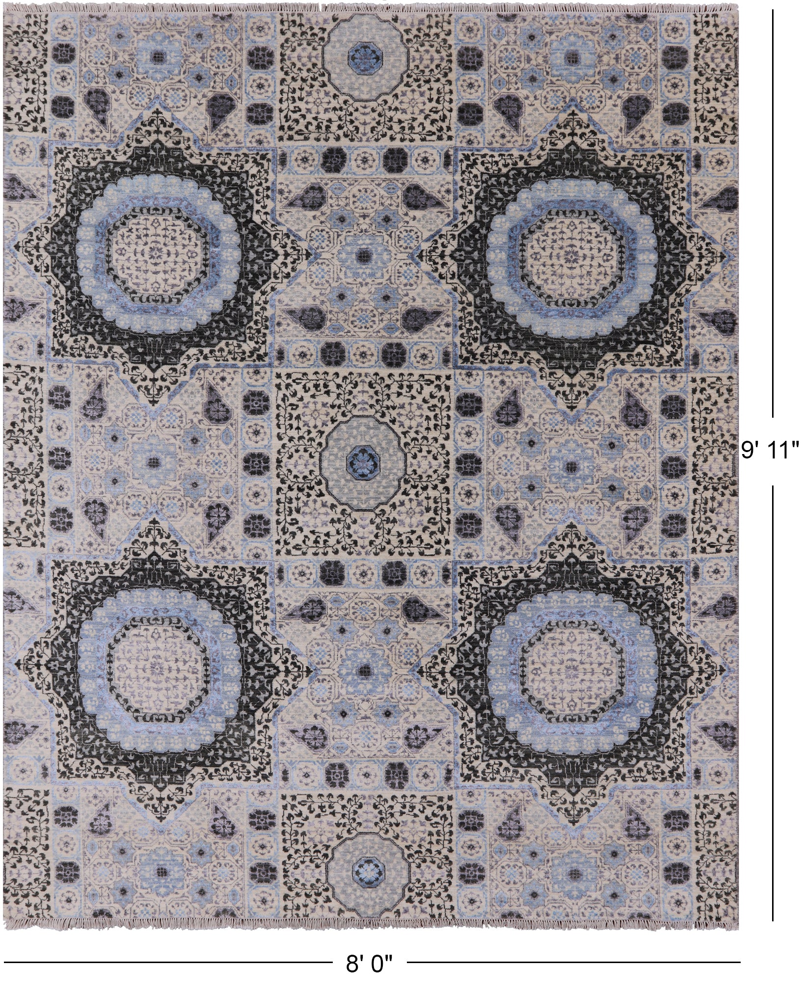 Geometric Persian Mamluk Handmade Wool & Silk Rug - 8' 0" X 9' 11" - Golden Nile