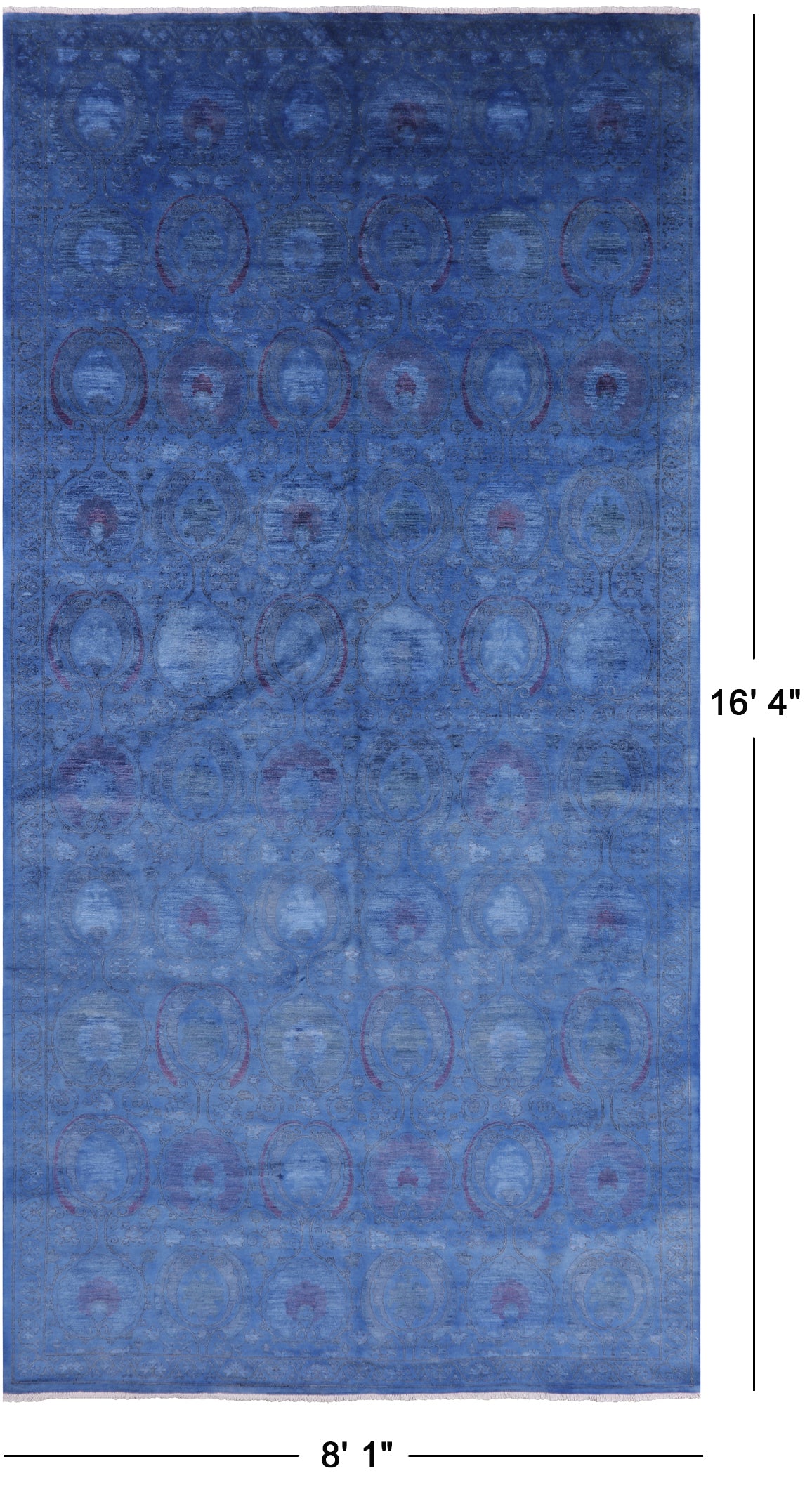 Blue Overdyed Full Pile Hand Knotted Wool Rug - 8' 1" X 16' 4" - Golden Nile