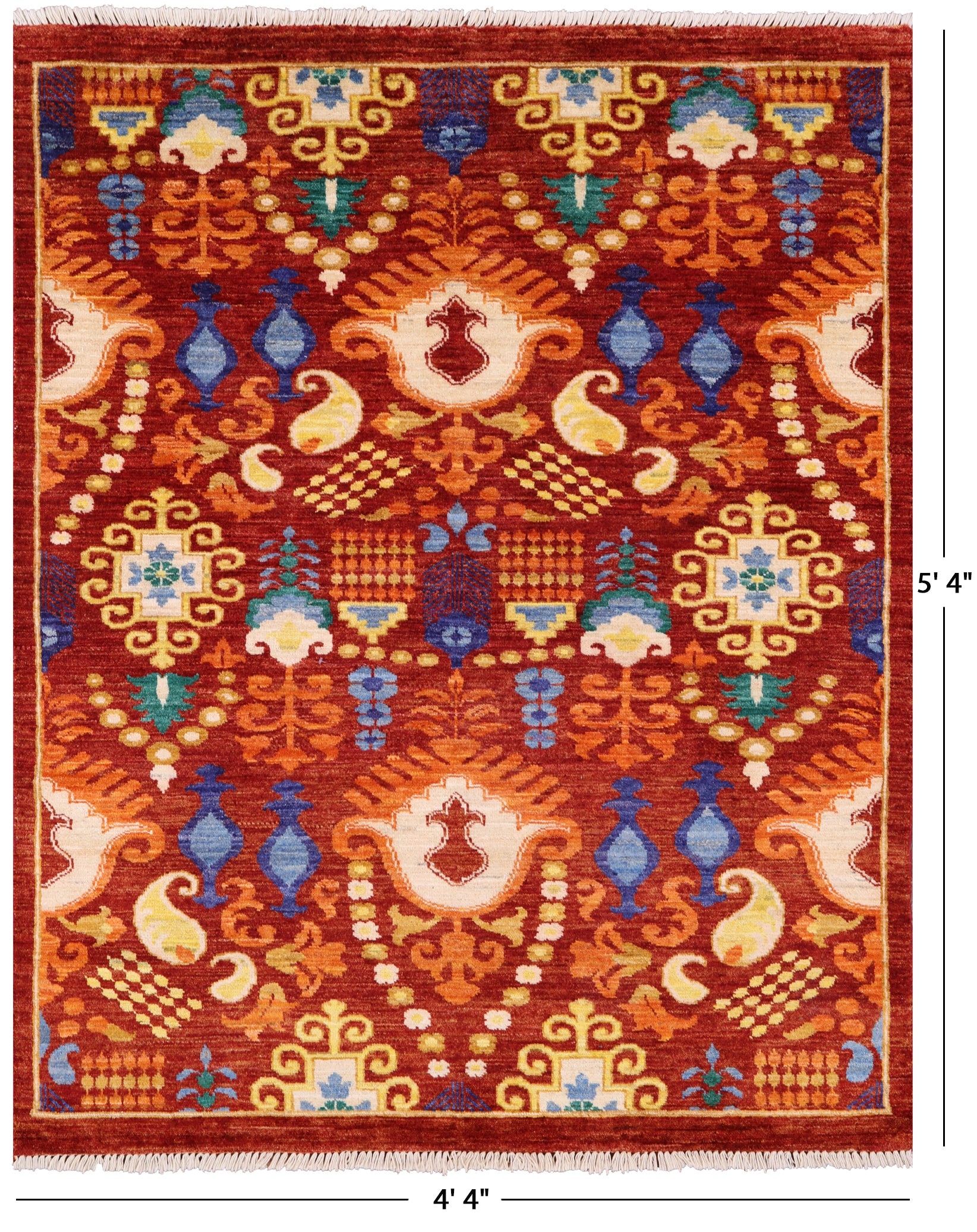 Red Fine Serapi Hand Knotted Wool Rug - 4' 4" X 5' 4" - Golden Nile