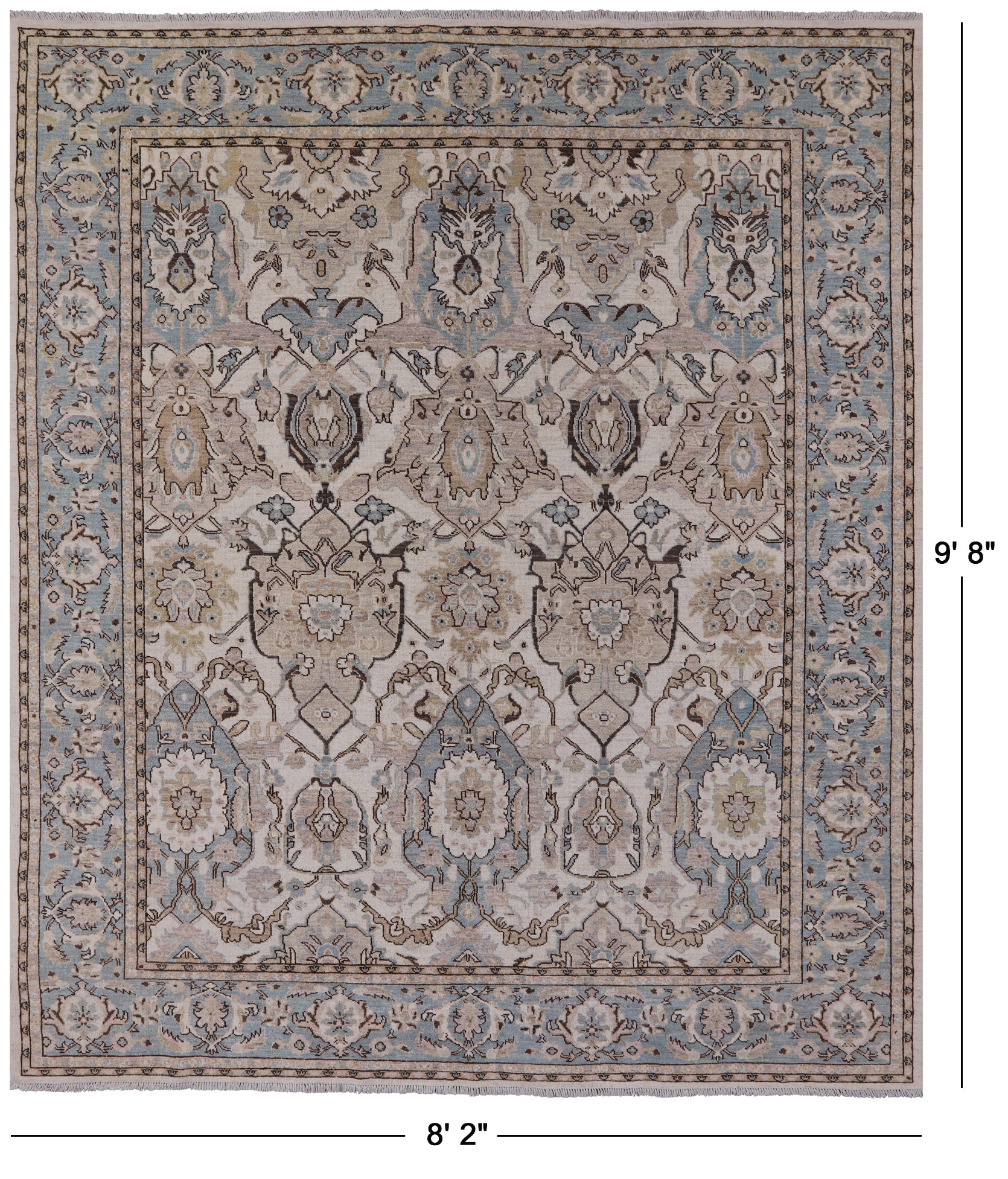 Ivory Geometric Persian Hand Knotted Wool Rug - 8' 2" X 9' 8" - Golden Nile