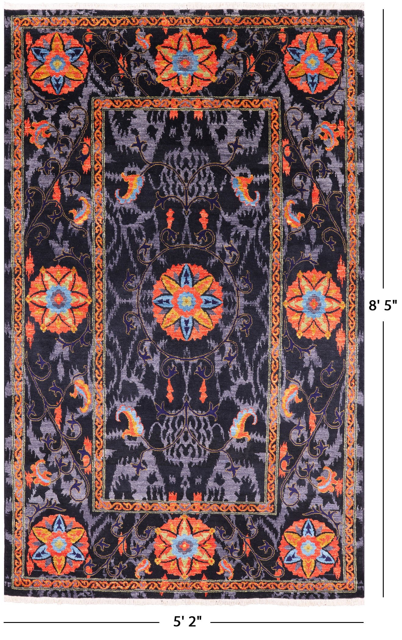 Black William Morris Hand Knotted Wool Rug - 5' 2" X 8' 5" - Golden Nile