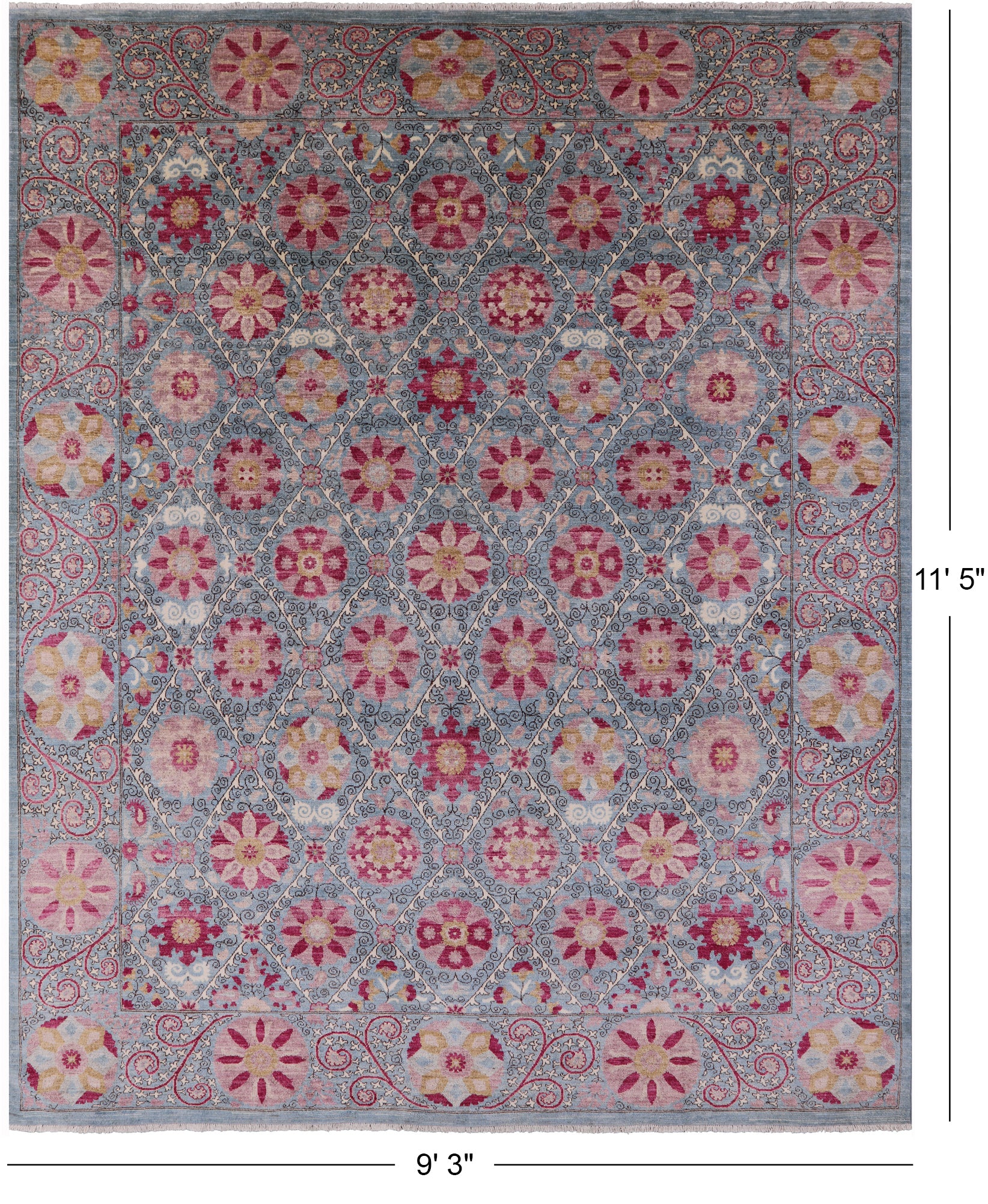 Blue William Morris Hand Knotted Wool Rug - 9' 3" X 11' 5" - Golden Nile