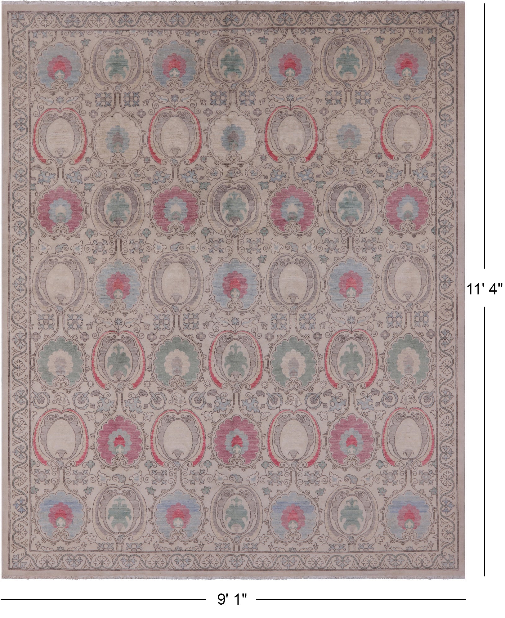 Ivory William Morris Hand Knotted Wool Rug - 9' 1" X 11' 4" - Golden Nile