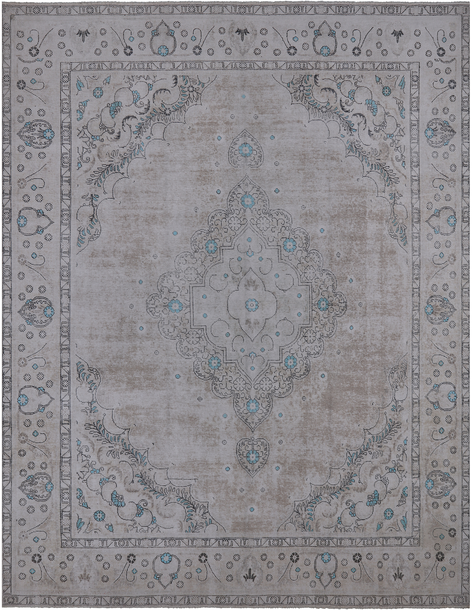 SUPER SALE Ivory Persian Vintage White Wash Hand Knotted Wool Rug - 9' 7" X 12' 2"